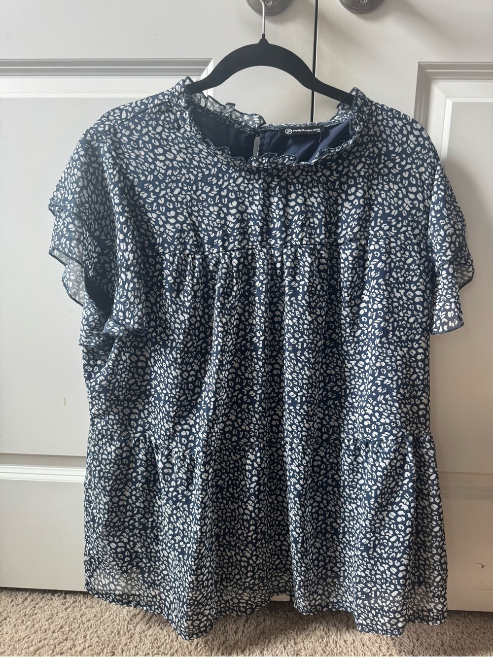 Prettygarden chic navy floral ruffle layer short sleeve blouse size xl